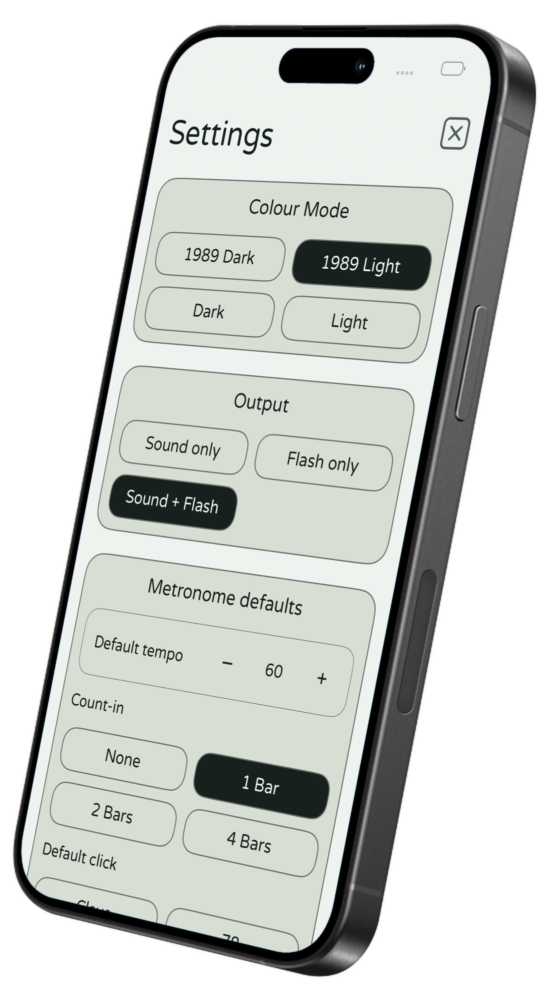 drill time Settings screen inside an iPhone, showing colour mode, output, and metronome defaults